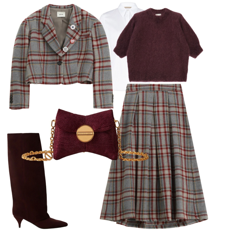 Outfit donna - So british. Stile Glamour per Tutti i giorni. Abbinamento con camicie, borse a tracolla, blazer, stivali, gonne lunghe, maglieria.