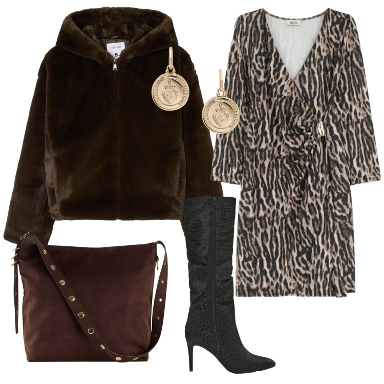 Outfit donna - Total look #2287400. Stile Chic per Serata fuori. Abbinamento con shopping bag, stivali, ecopellicce, vestiti corti, orecchini.