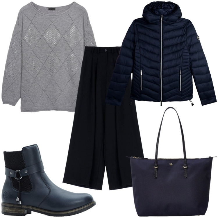 Outfit donna - Cozy e chic con il maglione. Stile Trendy per Tutti i giorni. Abbinamento con stivaletti chelsea, pantaloni, piumini, borse tote, maglieria.