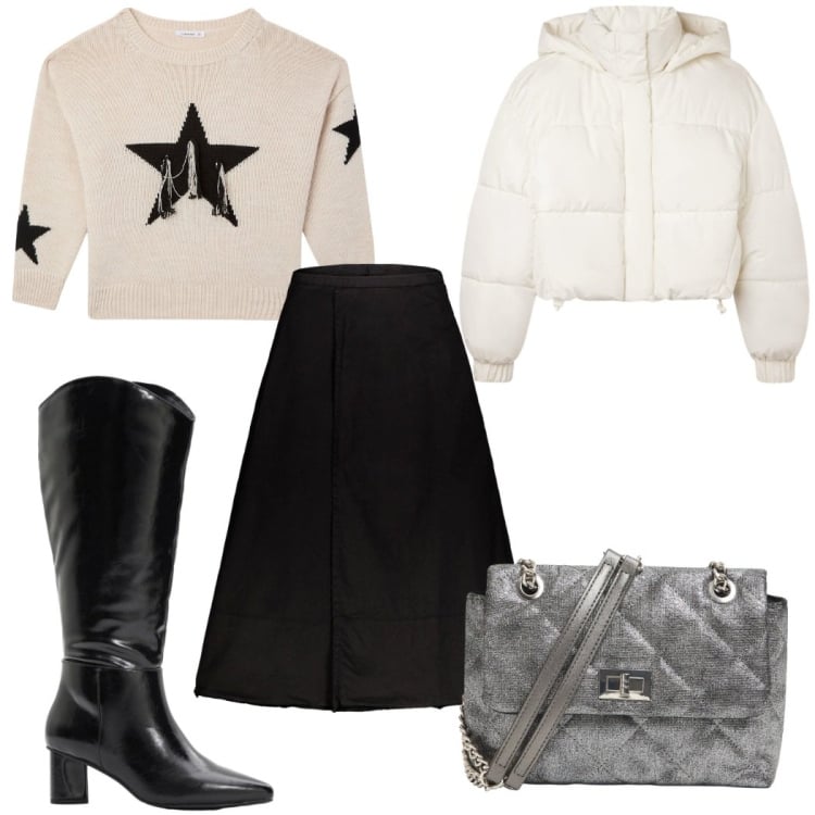 Outfit donna - Cozy e chic con la gonna. Stile Chic per Tutti i giorni. Abbinamento con stivali, maglieria, borse a tracolla, bomber, gonne lunghe.