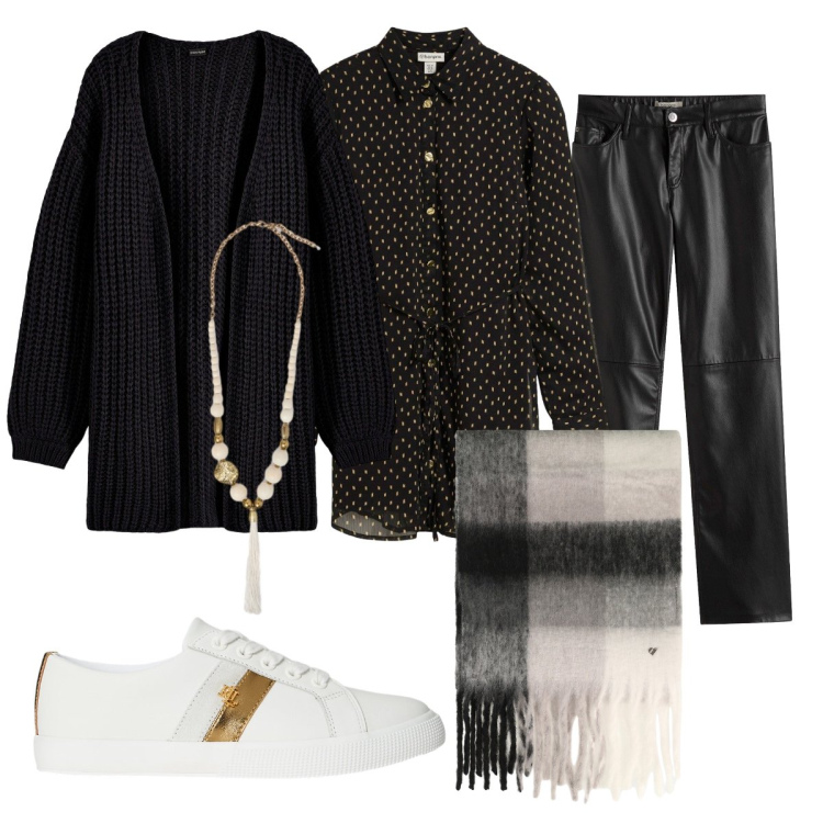 Outfit donna - Il cardigan nero mai + senza. Stile Casual chic per Tutti i giorni. Abbinamento con cardigans, pantaloni, camicie, sciarpe, sneakers, ciondoli.
