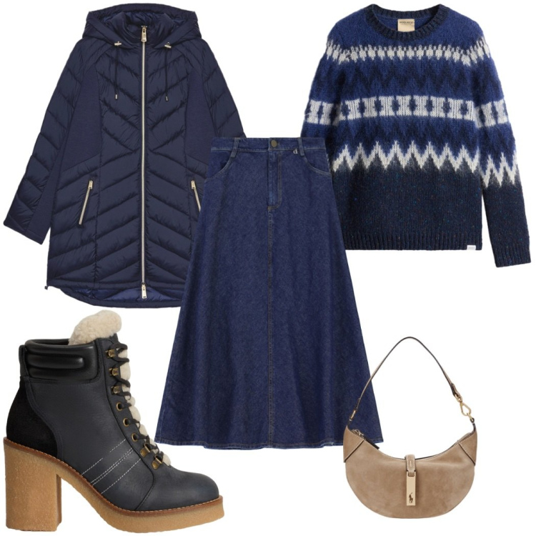 Outfit donna - Cozy e chic con gonna in denim. Stile Trendy per Tutti i giorni. Abbinamento con gonne lunghe, borse a spalla, maglieria, stivaletti, piumini.