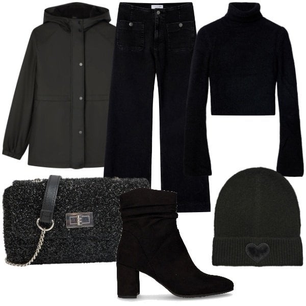 Outfit donna - Black Friday Terranova 2025. Stile Casual chic per Serata fuori. Abbinamento con jeans, blazer, berretti, maglieria, borse a tracolla, stivaletti.