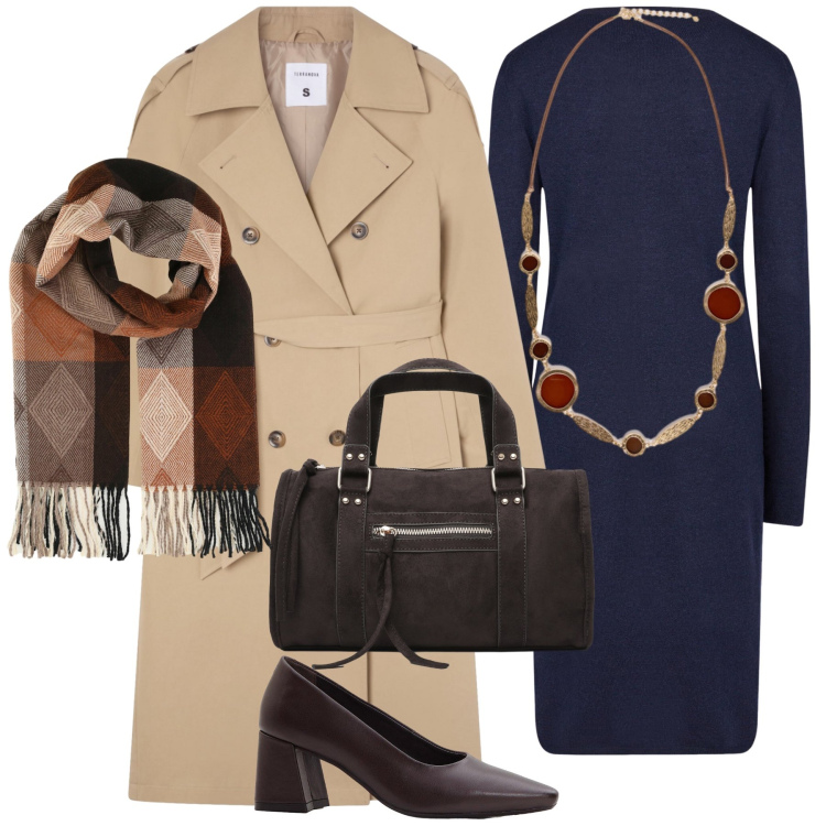 Outfit donna - In ufficio con la pioggia. Stile Urban per Ufficio. Abbinamento con décolleté, sciarpe, trench, borse a mano, vestiti midi/longuette, collane.
