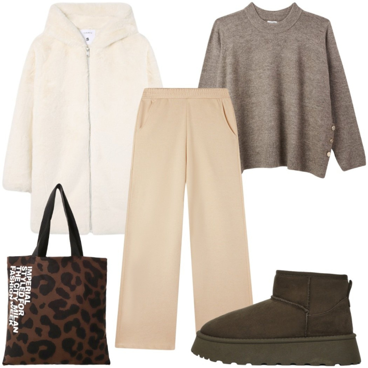 Outfit donna - Cozy e chic curvy. Stile Trendy per Tutti i giorni. Abbinamento con pantaloni, maglieria, cappotti, stivali, shopping bag.