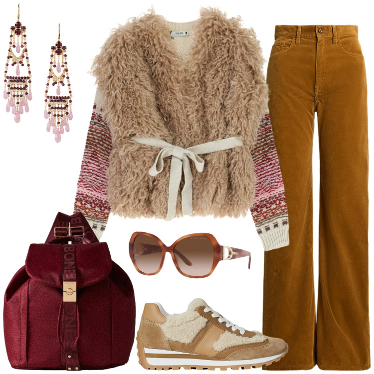 Outfit donna - Cozy chic Comfort. Stile Casual chic per Scuola/Università. Abbinamento con maglieria, zaini, pantaloni, sneakers, occhiali da sole, orecchini.