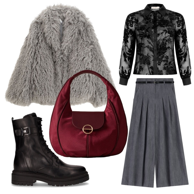 Outfit donna - L’ecopelliccia di tendenza. Stile Glamour per Serata fuori. Abbinamento con camicie, pantaloni a palazzo, ecopellicce, borse a spalla, anfibi.