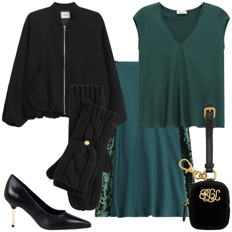 Outfit donna - Invito evento o cena. Stile Glamour per Serata fuori. Abbinamento con gonne lunghe, décolleté, top, bomber, pochette, guanti.