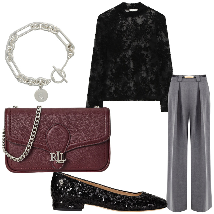 Outfit donna - La blusa di velluto. Stile Chic per Serata fuori. Abbinamento con pantaloni a palazzo, top, braccialetti, clutch, ballerine.