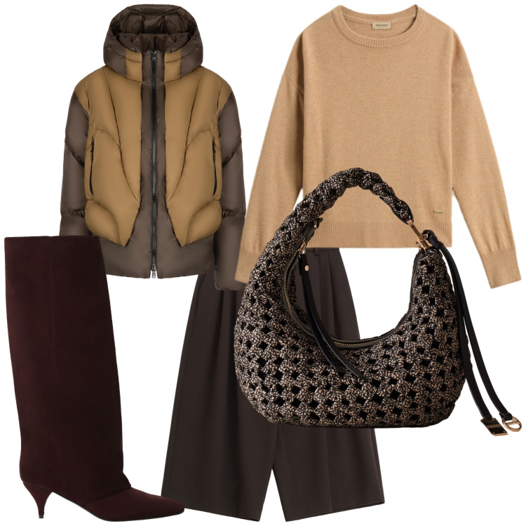 Outfit donna - Lunedì. Stile Urban per Tutti i giorni. Abbinamento con shorts, borse a spalla, stivali, piumini, maglieria.