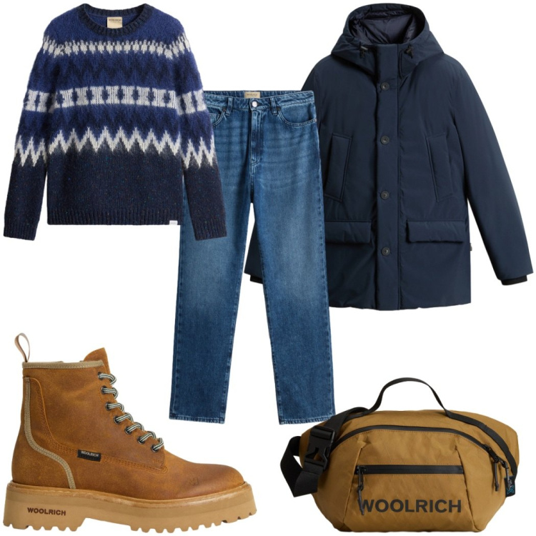 Outfit donna - Woolrich in jeans. Stile Casual per Tutti i giorni. Abbinamento con anfibi, borse a tracolla, jeans, maglieria, parka.