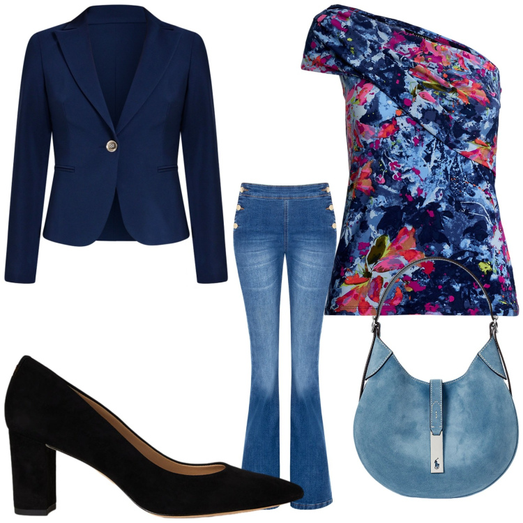 Outfit donna - Il top che sa di primavera. Stile Basic per Tutti i giorni. Abbinamento con blazer, jeans a zampa, borse a spalla, décolleté, top.