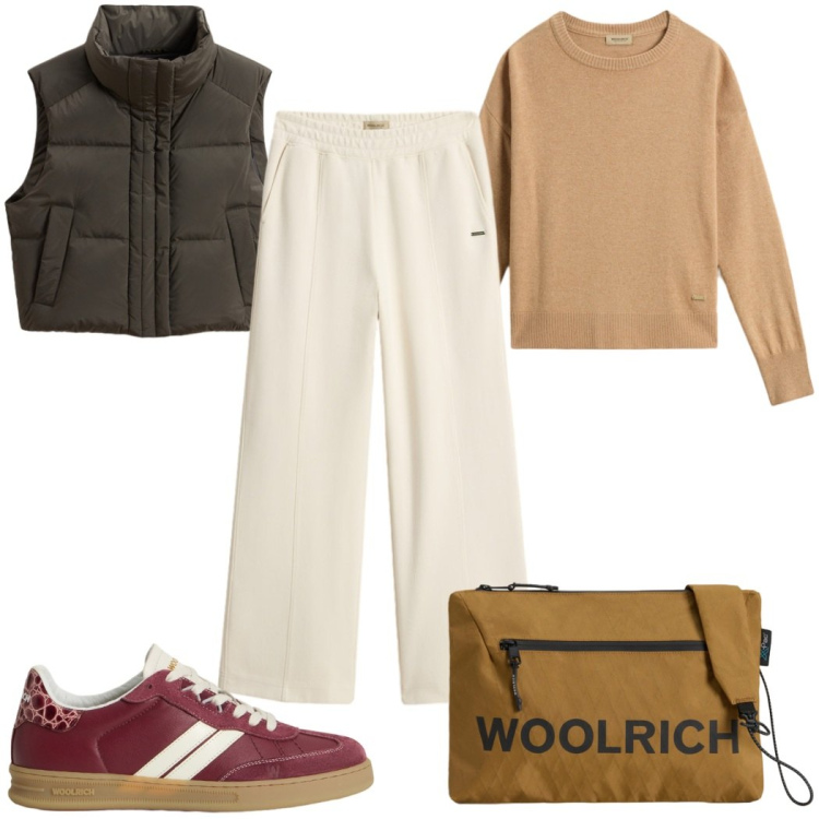 Outfit donna - Woolrich : lo smanicato. Stile Basic per Tutti i giorni. Abbinamento con maglieria, borse a tracolla, pantaloni, sneakers, piumini.