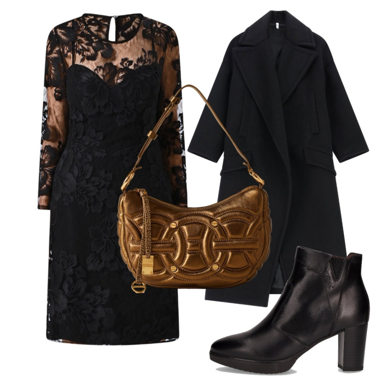 Outfit donna - L’abito glamour in pizzo. Stile Glamour per Serata fuori. Abbinamento con vestiti a tubino, cappotti, borse a spalla, stivaletti.