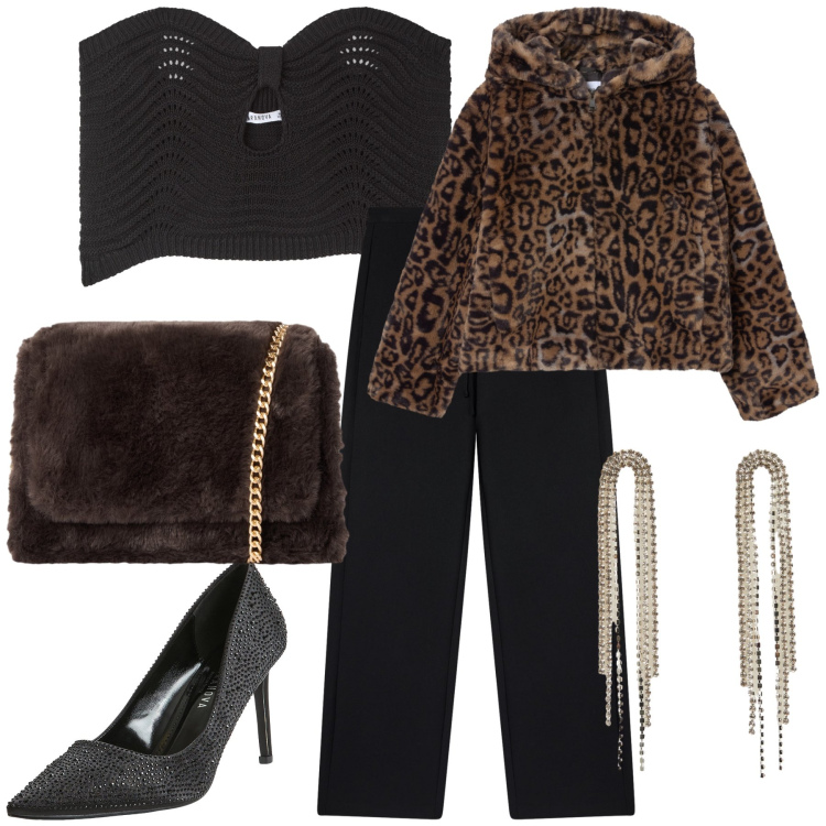 Outfit donna - Wow Terranova. Stile Sexy per Serata fuori. Abbinamento con orecchini, décolleté, top, pantaloni, ecopellicce, borse a tracolla.