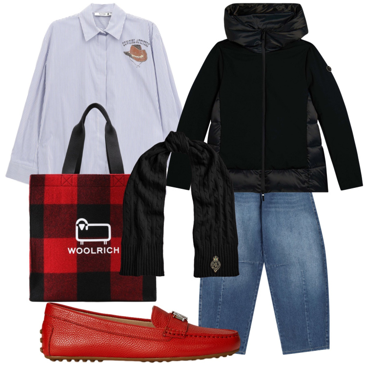 Outfit donna - A spasso coperta. Stile Casual chic per Tutti i giorni. Abbinamento con camicie, piumini, jeans, mocassini, sciarpe, borse tote.