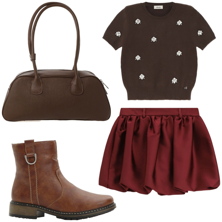 Outfit donna - La gonna a palloncino. Stile Trendy per Tutti i giorni. Abbinamento con stivaletti, minigonne, maglieria, borse a mano.