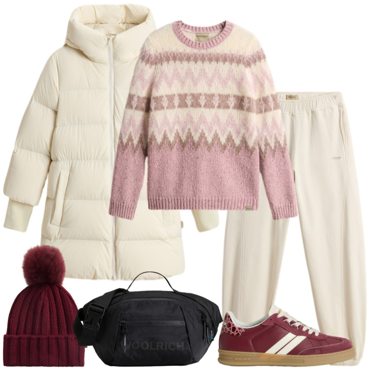 Outfit donna - WOOLRICH cozy chic. Stile Casual chic per Tutti i giorni. Abbinamento con maglieria, piumini, sneakers, borse a tracolla, pantaloni, berretti.