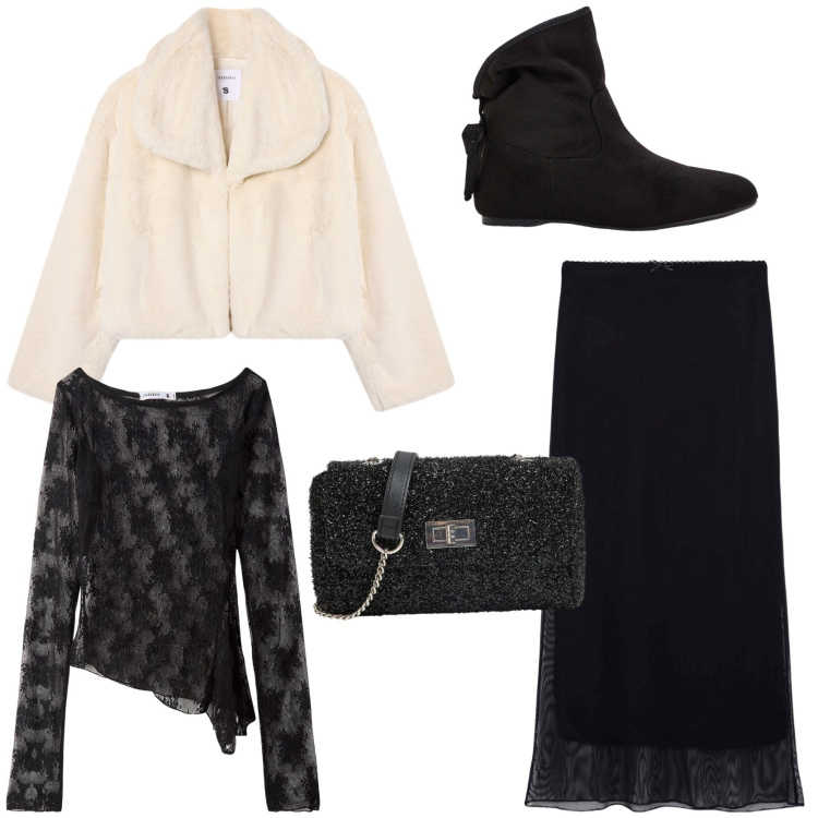 Outfit donna - Party aziendale. Stile Chic per Serata fuori. Abbinamento con stivaletti, gonne lunghe, maglieria, ecopellicce, borse a tracolla.