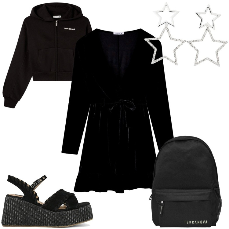 Outfit donna - Terranova Black Friday 2025 sporty chic. Stile Sporty chic per Tutti i giorni. Abbinamento con orecchini, zaini, felpe con cappuccio, vestiti corti, zeppe.