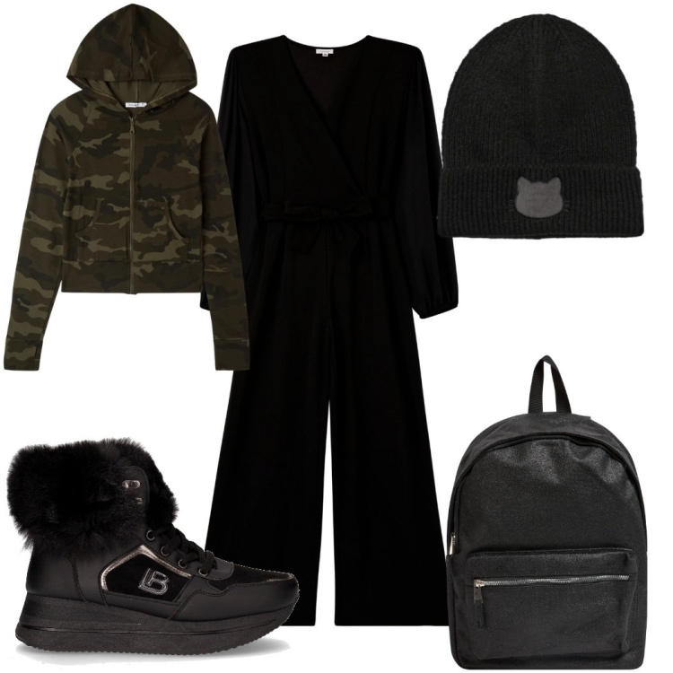 Outfit donna - Terranova Black Friday 2025 military. Stile Military per Tutti i giorni. Abbinamento con zaini, tute, berretti, felpe con cappuccio, sneakers alte.