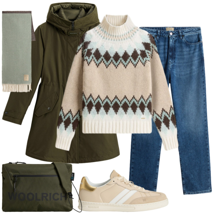 Outfit donna - Stile norvegese. Stile Casual per Tutti i giorni. Abbinamento con maglieria, parka, sneakers, borse a tracolla, jeans, sciarpe.