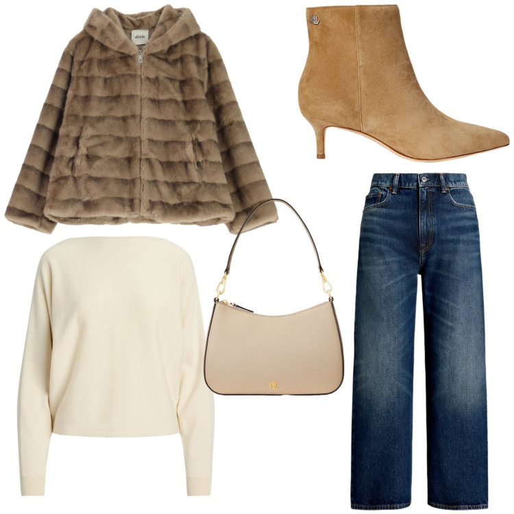 Outfit donna - Look sofisticato ed elegante in jeans. Stile Chic per Serata fuori. Abbinamento con blazer, maglieria, borse a spalla, jeans, stivaletti.