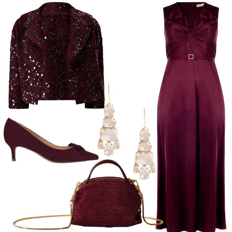 Outfit donna - Classe da vendere. Stile Chic per Cerimonia. Abbinamento con bolero, vestiti lunghi, borse a mano, décolleté, orecchini.