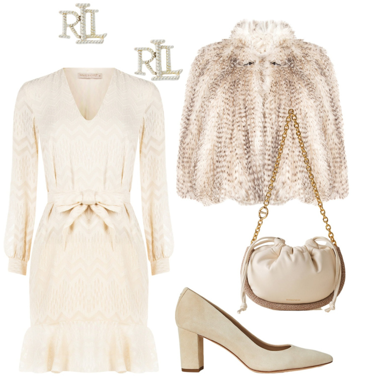 Outfit donna - L\'eleganza del burro. Stile Chic per Cerimonia. Abbinamento con vestiti corti, ecopellicce, borse a spalla, décolleté, orecchini.