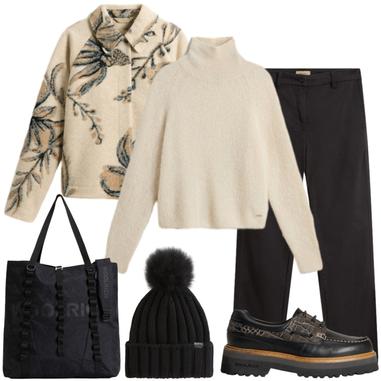 Outfit donna - Comfy Cozy Chic a lavoro. Stile Casual chic per Ufficio. Abbinamento con mocassini, cappotti, maglieria, borse tote, berretti, pantaloni.