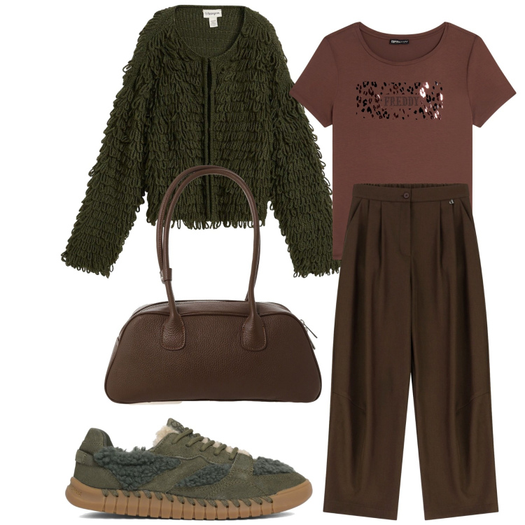 Outfit donna - Un caldo cardigan. Stile Etnico per Tutti i giorni. Abbinamento con cardigans, t-shirt, pantaloni a palazzo, borse a mano, sneakers.