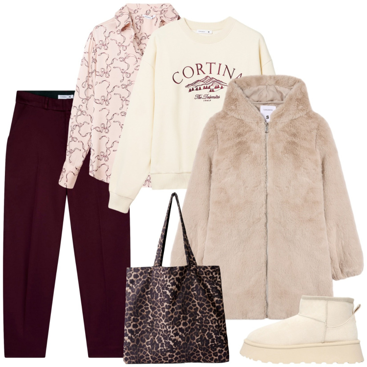 Outfit donna - Cortina. Stile Casual per Scuola/Università. Abbinamento con cappotti, pantaloni chino, camicie, felpe, shopping bag, stivaletti.