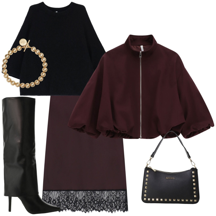 Outfit donna - Total look #2287450. Stile Casual chic per Serata fuori. Abbinamento con gonne longuette, stivali, pochette, bomber, maglieria, braccialetti.