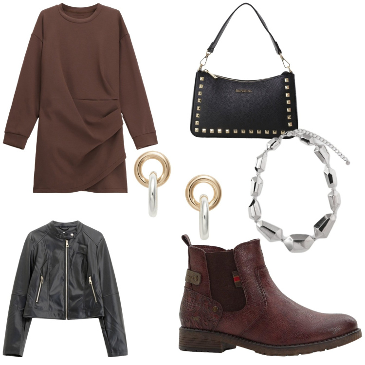 Outfit donna - Pomeriggio in shopping. Stile Casual chic per Tutti i giorni. Abbinamento con stivaletti chelsea, giacche, pochette, vestiti corti, orecchini, ciondoli.