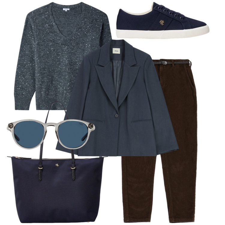 Outfit donna - Insolito blu. Stile Sporty chic per Tutti i giorni. Abbinamento con pantaloni chino, maglieria, blazer, occhiali da sole, borse tote, sneakers.