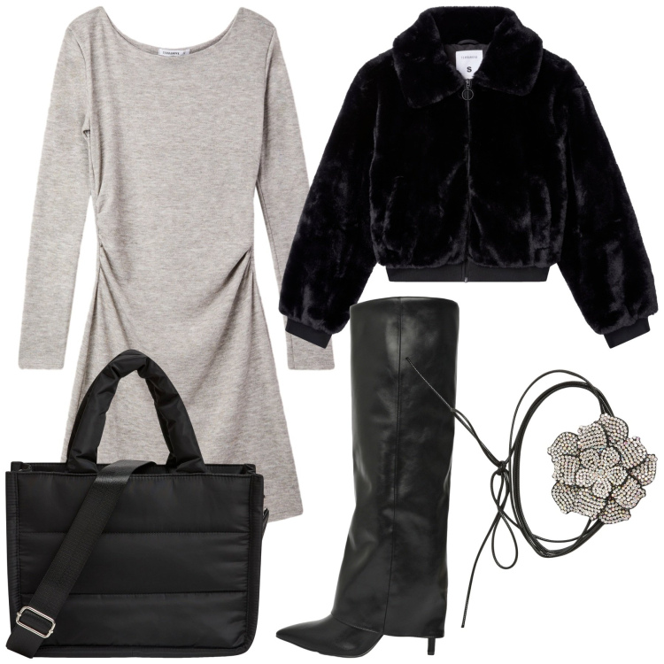 Outfit donna - Pronti per il Black Friday. Stile Trendy per Tutti i giorni. Abbinamento con shopping bag, collane, stivali, ecopellicce, vestiti corti.