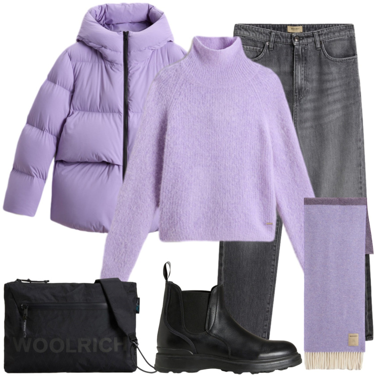 Outfit donna - Lilla. Stile Casual chic per Tutti i giorni. Abbinamento con stivaletti, jeans, sciarpe, borse a tracolla, piumini, maglieria.