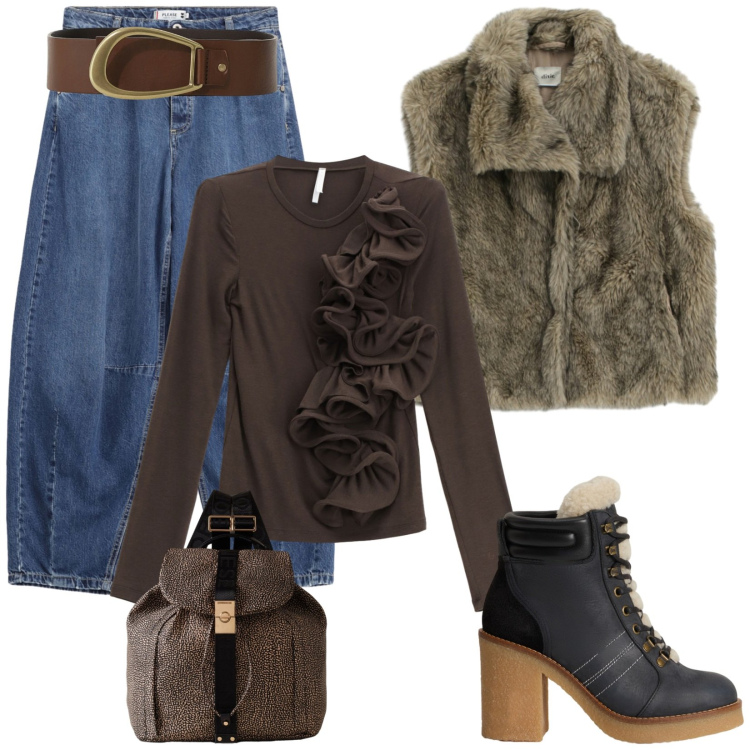 Outfit donna - Cozy style. Stile Casual chic per Tutti i giorni. Abbinamento con jeans, t-shirt, zaini, camicie, cinture, stivaletti.