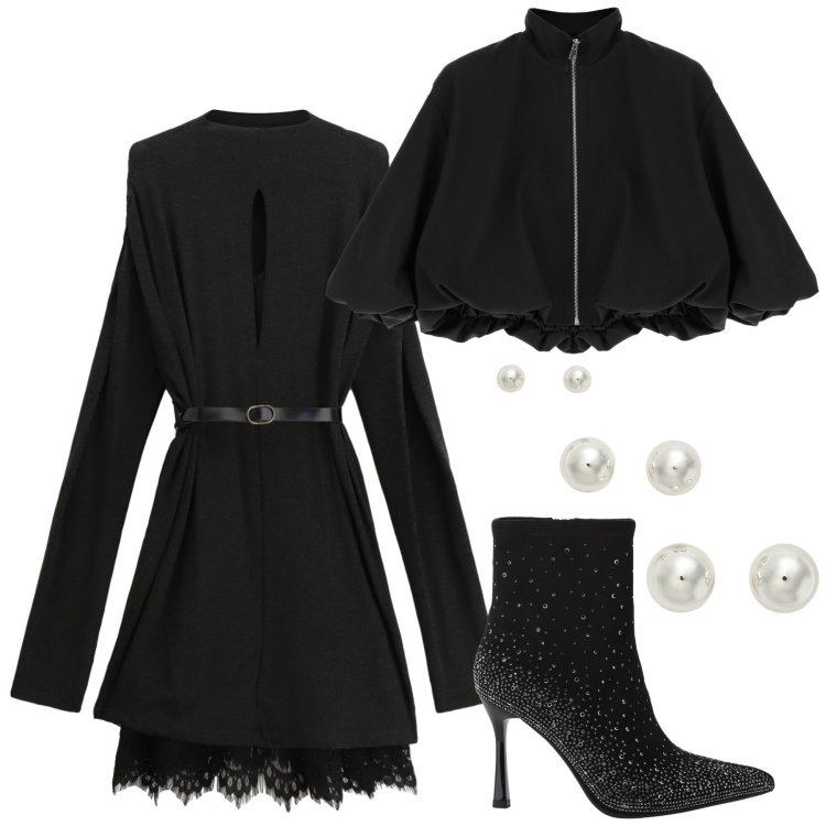 Outfit donna - Il nero per le feste. Stile Chic per Cerimonia. Abbinamento con bomber, stivaletti, vestiti corti, orecchini.