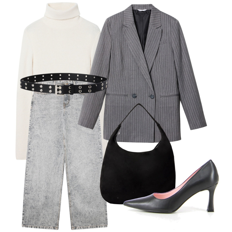 Outfit donna - Il gessato oversize. Stile Mannish per Ufficio. Abbinamento con cinture, borse a mano, jeans boyfriend, maglieria, blazer, décolleté.