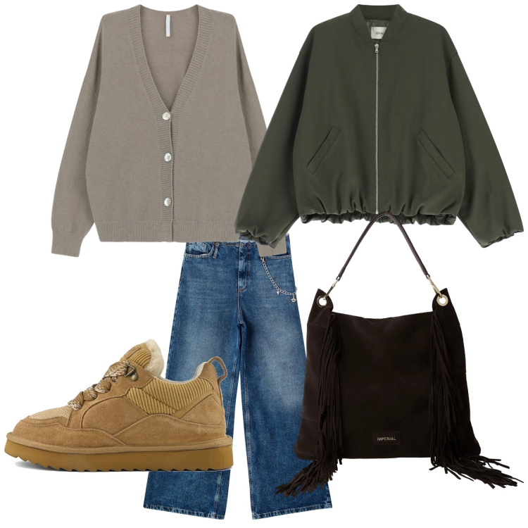 Outfit donna - Total look #2287459. Stile Casual per Tutti i giorni. Abbinamento con jeans dritti, borse a spalla, cardigans, bomber, sneakers alte.