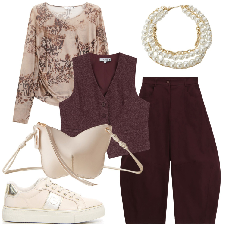 Outfit donna - Novembre in bordeaux. Stile Trendy per Ufficio. Abbinamento con maglieria, gilet, pantaloni a palazzo, borse a tracolla, collane, sneakers.