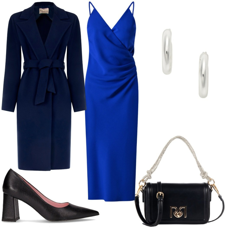 Outfit donna - Rinascimento Black Friday 2025 in blu. Stile Glamour per Cerimonia. Abbinamento con cappotti, vestiti midi/longuette, borse a mano, orecchini, décolleté.