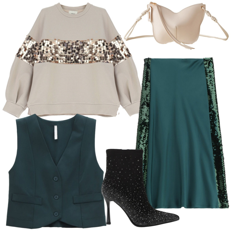 Outfit donna - Green & glitter. Stile Glamour per Cerimonia. Abbinamento con gonne lunghe, gilet, stivaletti, borse a tracolla, felpe.