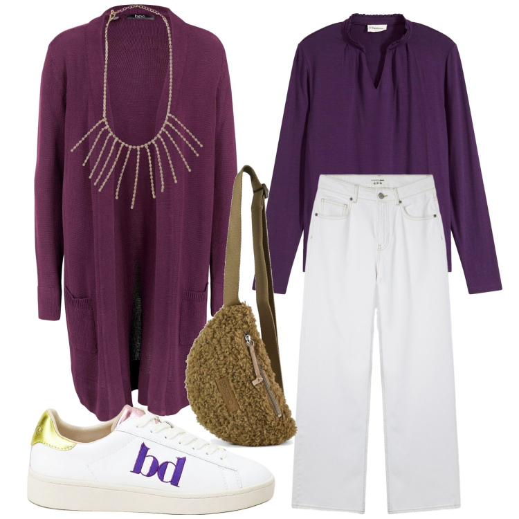 Outfit donna - Sfumature di viola. Stile Casual chic per Tutti i giorni. Abbinamento con cardigans, bluse, collane, jeans, sneakers, marsupi.