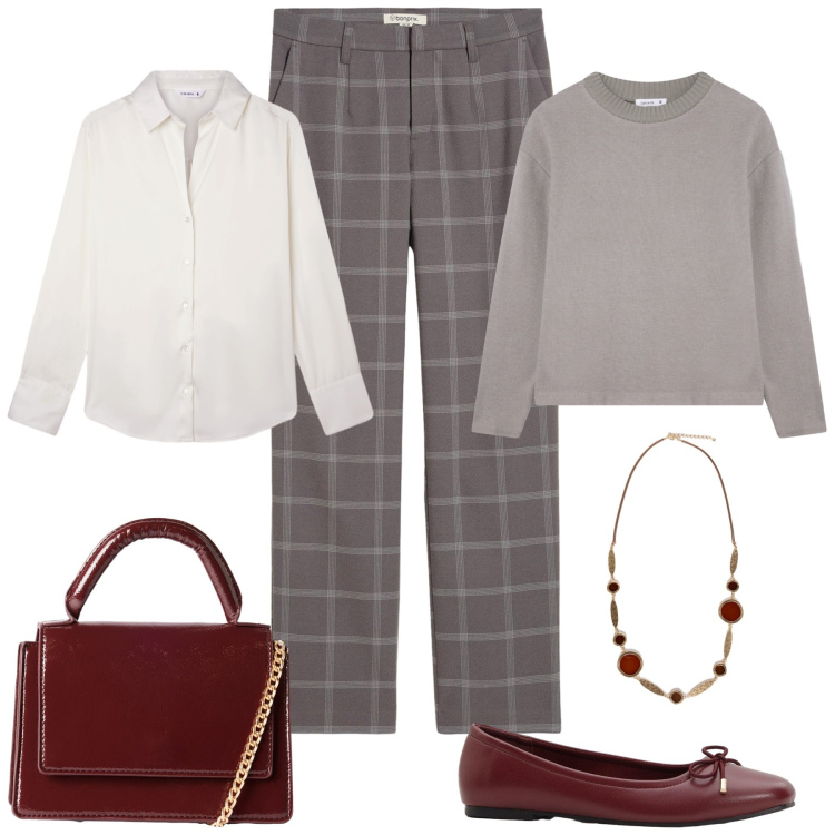 Outfit donna - Al lavoro. Stile Casual chic per Ufficio. Abbinamento con pantaloni chino, ballerine, maglieria, camicie, borse a tracolla, collane.