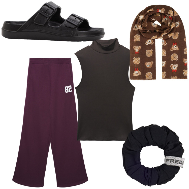 Outfit donna - In casa con sciarpa tra gli orsetti. Stile Basic per Tutti i giorni. Abbinamento con ciabatte, canottiere, pantaloni, foulard, accessori per capelli.