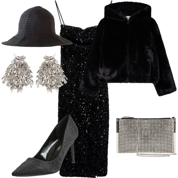 Outfit donna - L evento più importante. Stile Glamour per Serata fuori. Abbinamento con cappelli, pochette, ecopellicce, décolleté, vestiti lunghi, orecchini.
