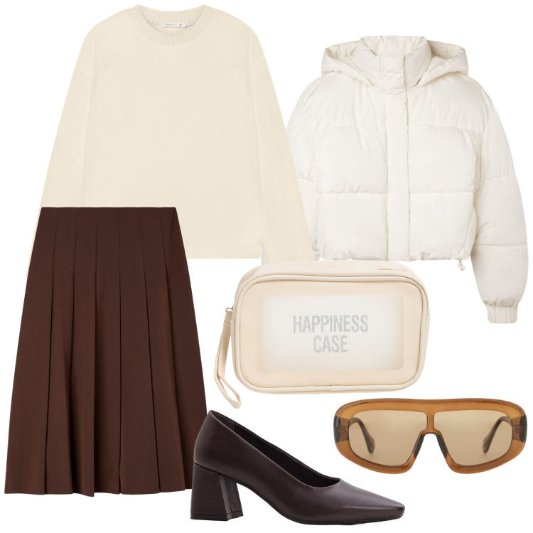 Outfit donna - Felicità è un caffè con amici. Stile Urban per Tutti i giorni. Abbinamento con décolleté, gonne lunghe, bomber, maglieria, valigie, occhiali da sole.