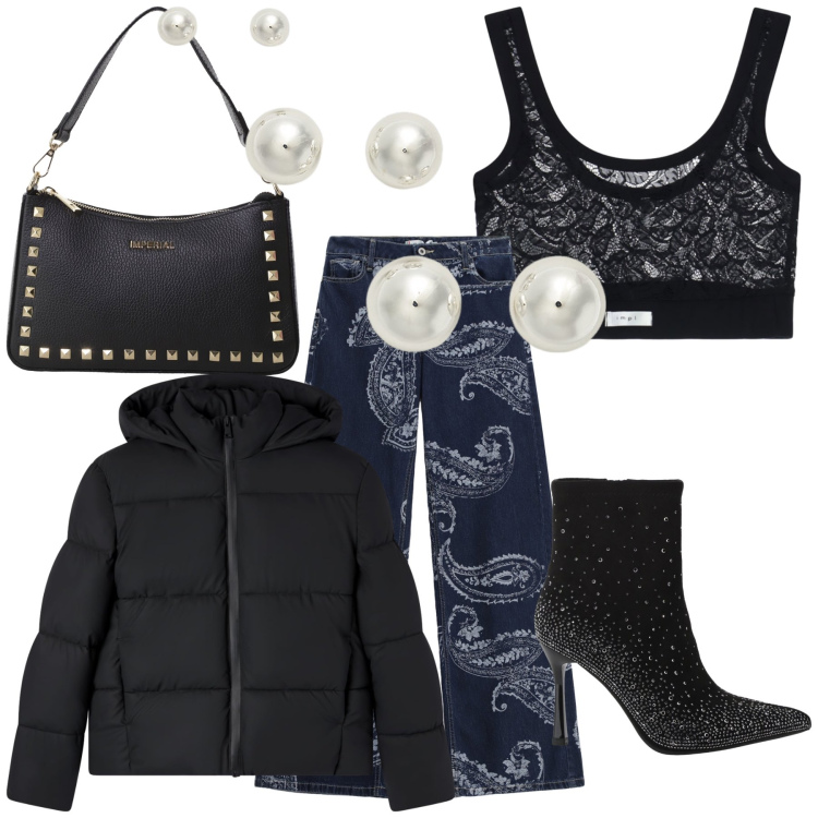 Outfit donna - Pizzo perle brillii. Stile Sexy per Serata fuori. Abbinamento con jeans, bomber, pochette, stivaletti, top, orecchini.